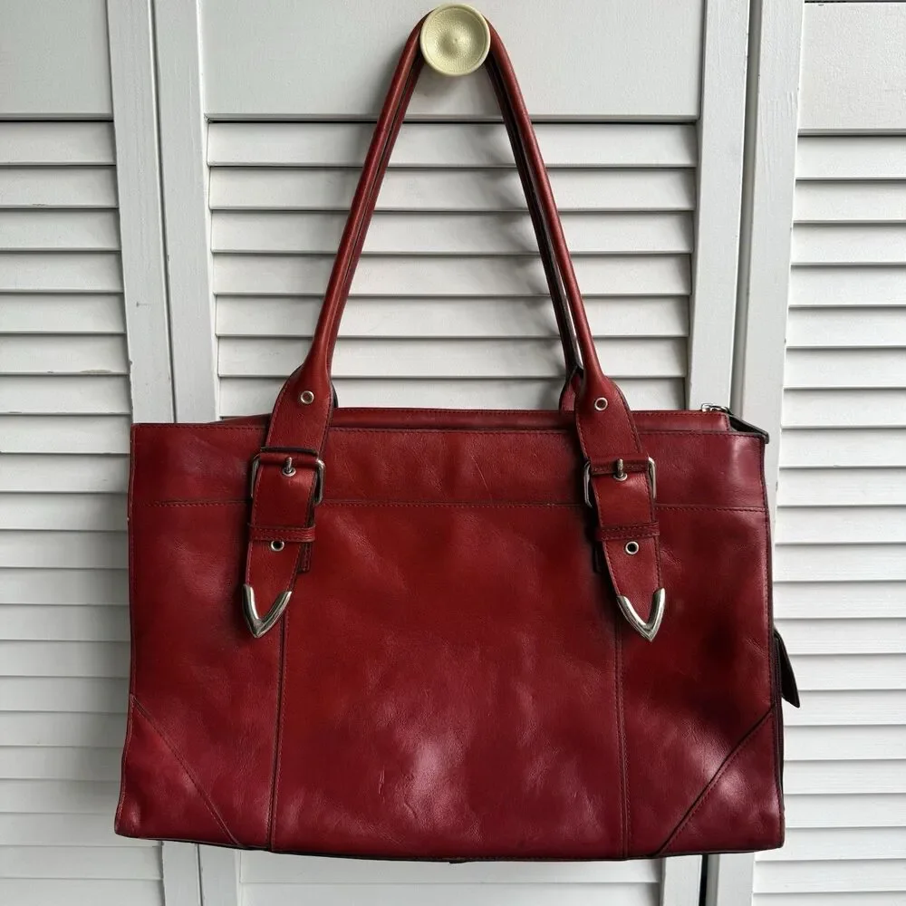 Vintage Red Leather Bag Zip Top Buckle Accents Silver Hardware